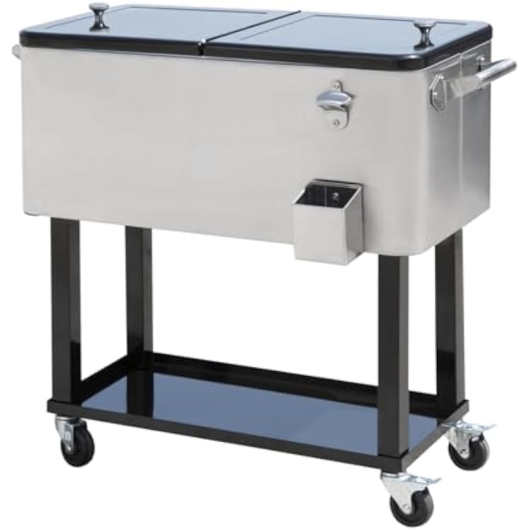 80 QT Rolling Cooling Bins Ice Chest on Wheels Outdoor Stand Up Drink Cooler Cart for Party, Silver
