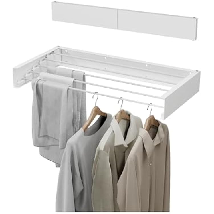 JOOM Laundry Drying Rack Collapsible, Wall Mounted Clothes Drying Rack, Retractable Drying Rack, 31.5 Wide, 5 Aluminum Rods, 60 lb Capacity White 31.5