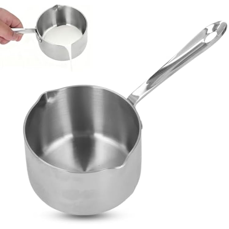 Stainless Steel Saucepan, 10oz Butter Melting Pot Butter Warmer with Dual Spouts and Long Handle Stove Top Thickened Sauce Pan for Milk Butter Sauce