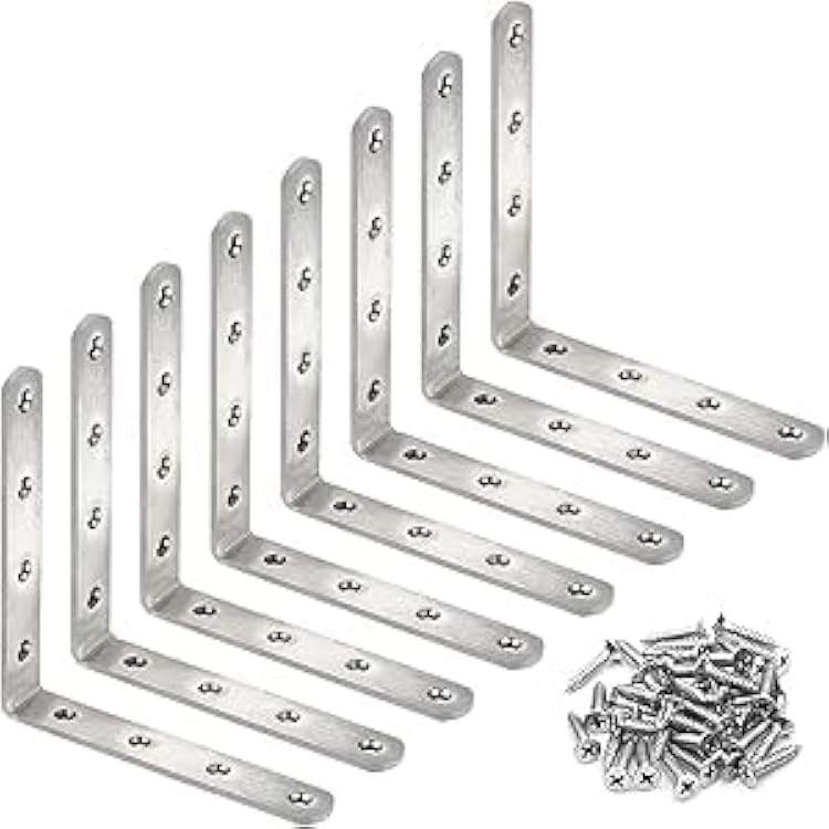 4 Pack Flat Mending Plate for Wood, Stainless Steel Straight Brackets Flat Repair Fixing Wood Brace Joining Plates Connector with Fixing Screws 8, L-Shaped Bracket 5  5in