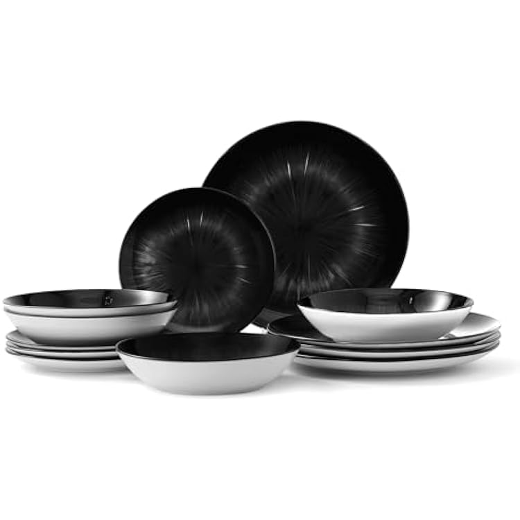 Bestone 12 Piece Round Kitchen Dinnerware Sets,Plates and Bowls sets,Dishes, Plates, Bowls, Dish Set,Plates and Bowls,Service for 4, Chip Resistant Porcelain ,Starburst Turquoise Black