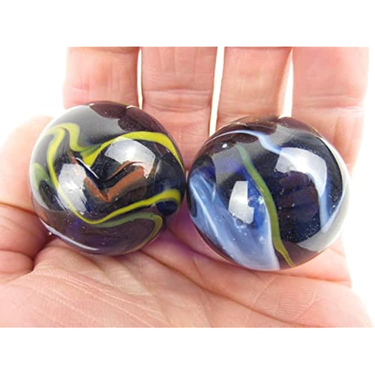Big Game Toys~Set of 2 Starry Night 35mm Boulder BlackBlueRedYellowWhite Swirl Large Shooter Solid Glass Marbles Aquarium Decor