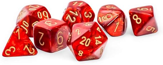 Scarlet Scarab Mega-Hedral Dice with Gold Colored Numbers 20mm (25/32in) Set of 7 Chessex