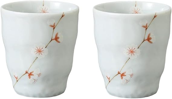 Japanese Mino Ware Ceramic Yunomi Tea Cups Set, 3.35 High and 3.15 in Diameter, 8.8 Fluid Ounces, White with Plum Blossoms Design for Hot Green Tea, Bancha, Set of 2 M58528