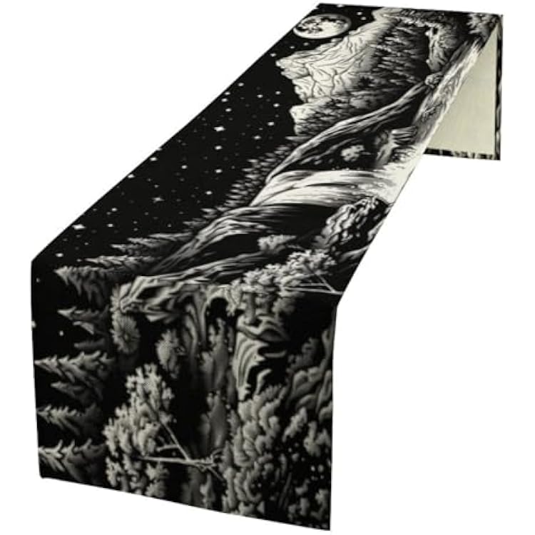 Mountain Waterfall Table Runner, Forest Tree Moon Star Night Dresser Scarf for Dining Table, Kitchen, Party Or Farmhouse Decor, 13x36 Inch