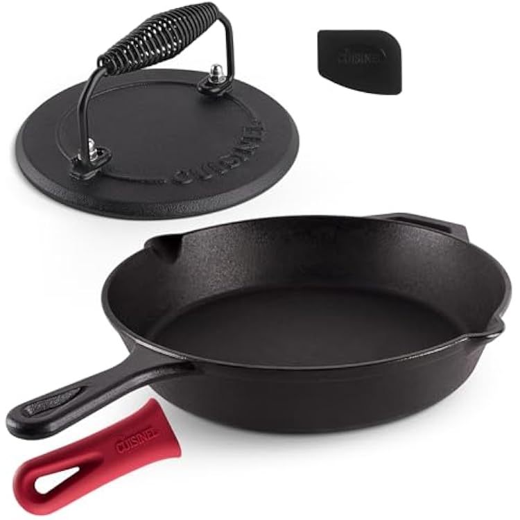 Cast Iron Skillet  Grill Press  Scraper Set - 12-inch Pre-Seasoned Frying Pan  Silicone Handle Grip - 7 Round Burger Smasher - IndoorOutdoor, Stove, Oven, Grill, Induction Kitchen Cookware