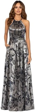 Betsy & Adam Womens Long Sleeveless Halter Metallic Print Wrap Overlay Gown