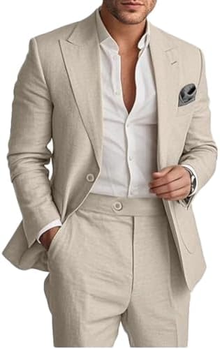 2 Pieces Linen Suit for Men Lightweight Blazer Pants Set Summer Beach Wedding Suit