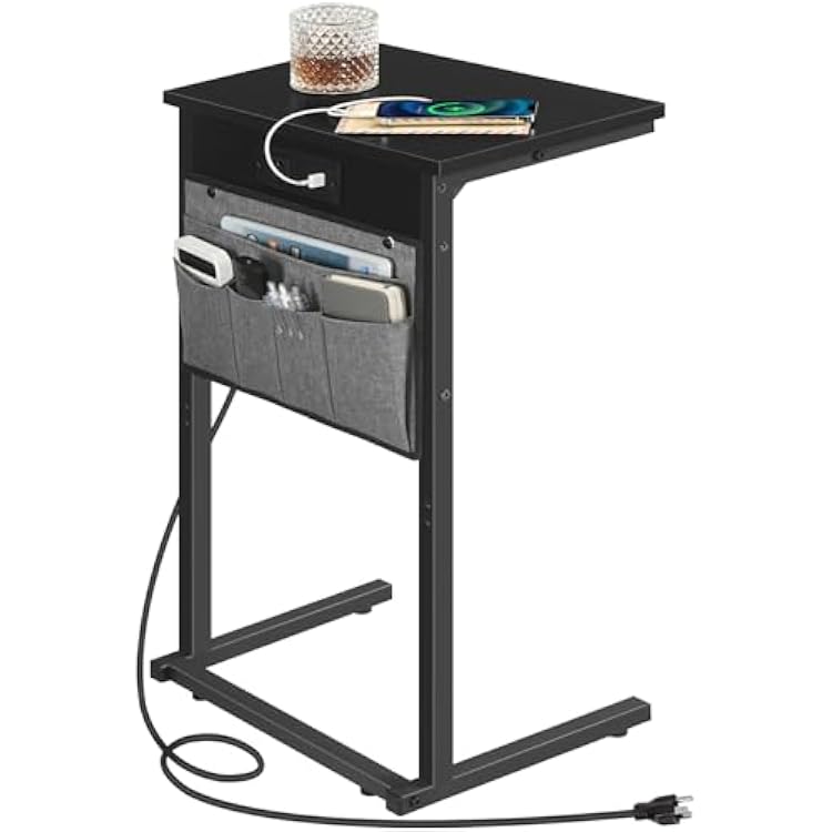 HOOBRO C Shaped End Table with Charging Station, 28 Tall Couch Table for Couch and Recliner for Small Spaces, Slide Under Sofa Table TV Tray with Storage Bag for Living Room, Black BB70USF01
