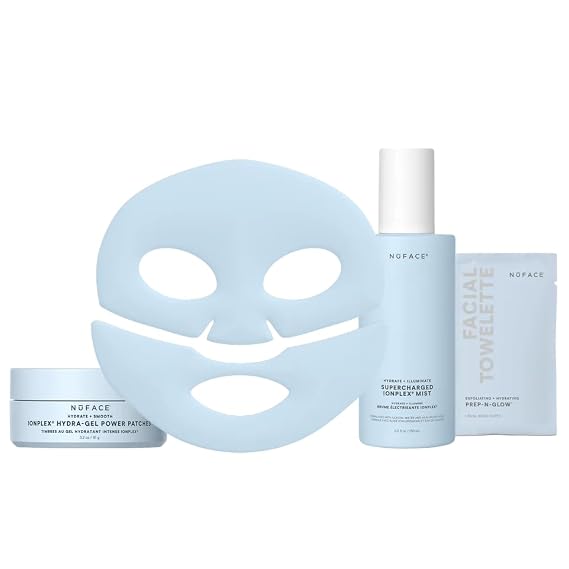NuFACE Hydration Bundle - 5 Pc Complete Hydrating Skincare Routine - Includes Hydra-Gel Power Patches (60 ct), Prep-N-Glow Wipes (5 ct), Hydra-Gel Power Mask (5 ct), Supercharged Facial Mist (5 oz)