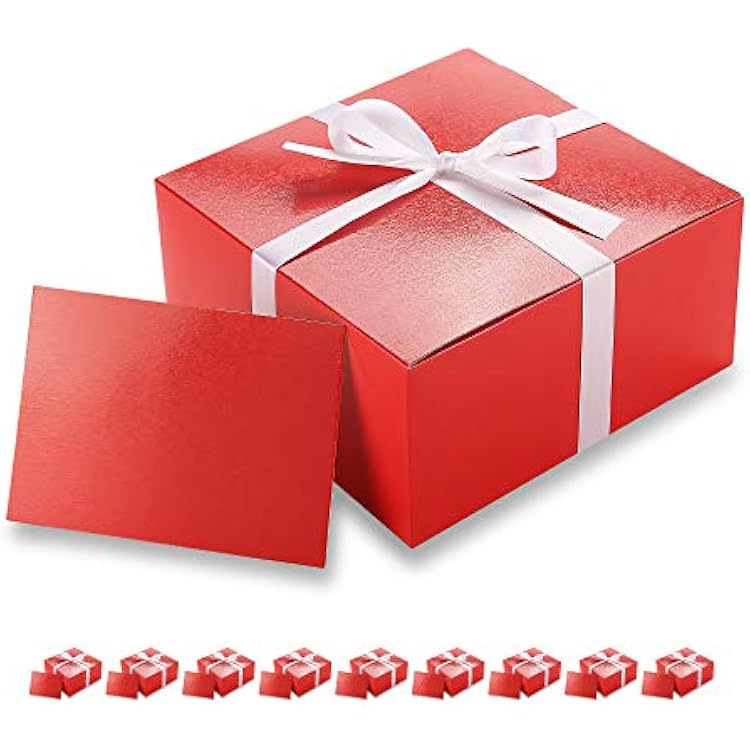 PACKHOME 10 Red Gift Boxes 8x8x4 Inches, Christmas Gift Boxes, Paper Gift Boxes with Lids for Gifts, Crafting, Cupcake Boxes, with Greeting Cards and Satin Ribbons Glossy with Grass Texture