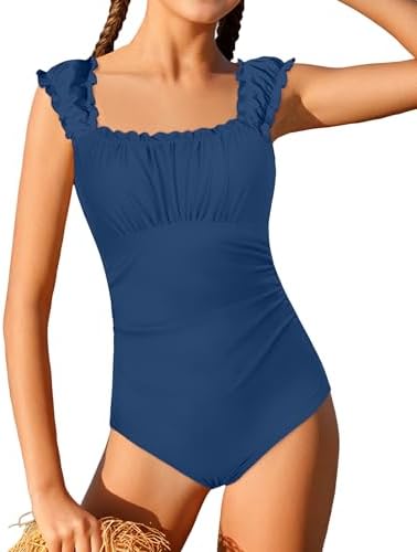 Teen Girls Swimsuit One Piece Bathing Suit Ruched Square Neck Twist Back Solid Color Girls' Swimwear for Beach Pool