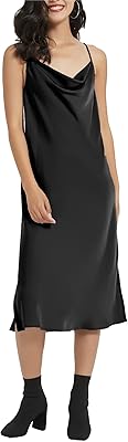 Satin Midi Slip Dress Silky Cowl Neck Dress Adjustable Spaghetti Strap, Ideal for Date Night or Formal Occasions