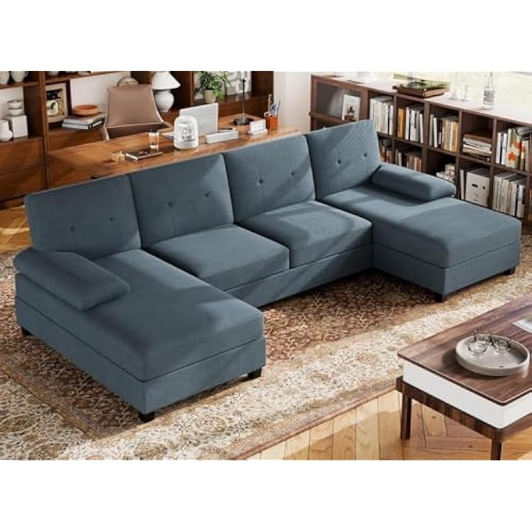 Walsunny Sectional Couches for Living Room, Convertible U-Shaped Sofa Couch with Double Chaise, 4 Seat Sofa Set Modular Sectional Sofa for Living Room, Apartment, Bedroom, Dark Grey
