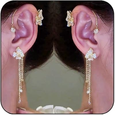 Butterfly Ear Cuffs Earrings Rhinestone Butterfly Flower Ear Wrap No Piercing Tassel Earrings for Women