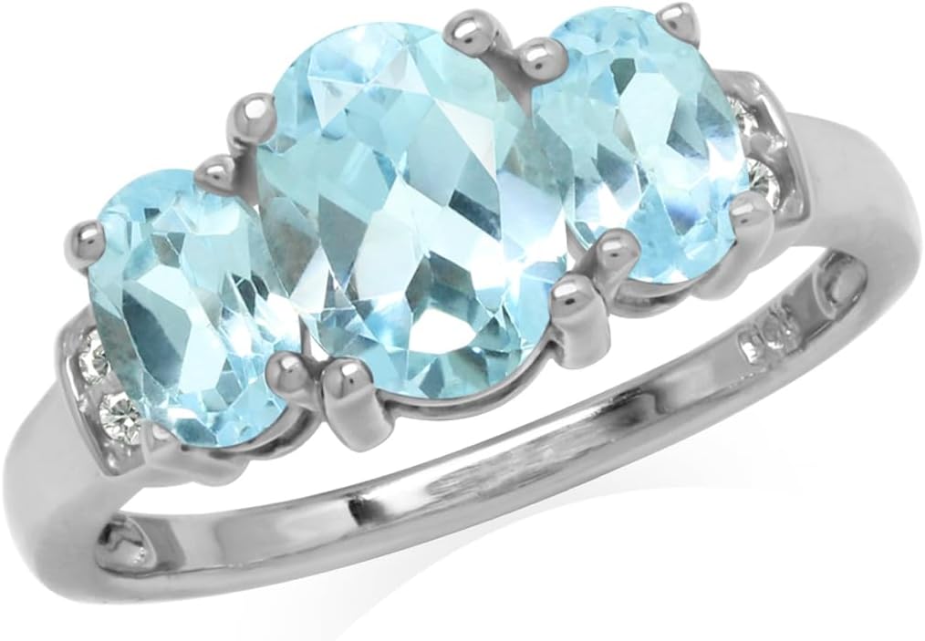 Silvershake 3-Stone Oval Shape Birthstone Gemstone White Gold Plated or Yellow Gold Plated 925 Sterling Silver Classic Statement Ring Jewelry for Women