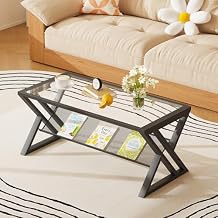 Wolawu Glass Coffee Table Living Room Table with Storage Shelf, Black Glass Table Simple Modern Rectangular Tables with Sturdy Black Metal Frame,Industrial Glass Coffee Table for Bedroom Home Office