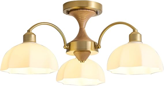 Gold Kitchen Chandelier, Vintage Flush Mount Chandelier, 3-Light Brass and Wood Chandeliers with Milk White Glass Bell Shade, Semi Flush Mount Ceiling Light Fixture for Living Room Bedroom