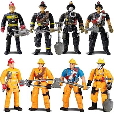 8 Pieces Firefighter Action Figures Fireman Figurines Toys with Tools for Party Decoration People Figures Playset for Kids & Toddlers