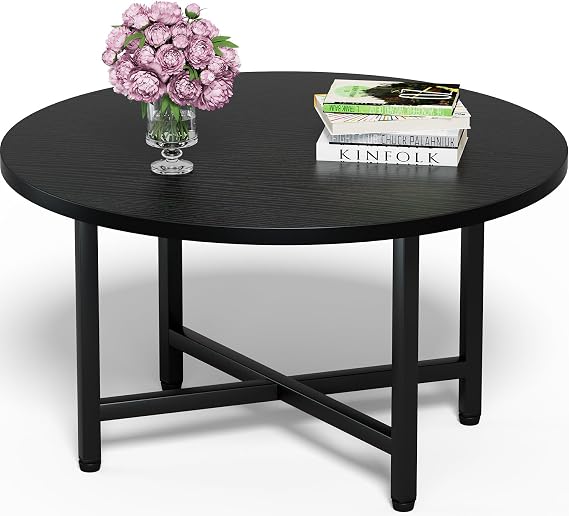FAMIDGE Coffee Table, 23.6" Round Coffee Table, Black Living Room Tables