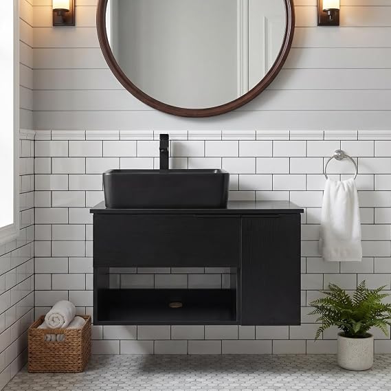 28'' Floating Bathroom Vanity with Sink, Wall Mounted Vanity, Black | Floating Bathroom Cabinets, Black handle, 1 Door, 1 Drawer & Open Shelf, Black Ceramic Sink