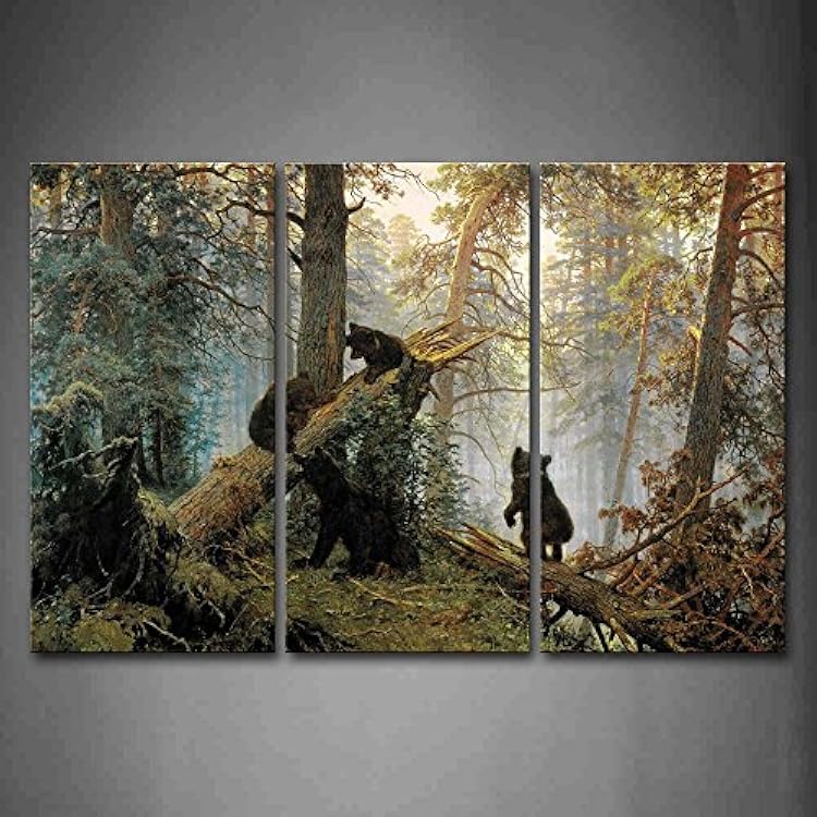 Black Bear Wall Art Bears Play in Forest Broken Tree Canvas Painting The Picture Print On Canvas Animal Pictures for Home Decor Decoration Gift 3 Piece