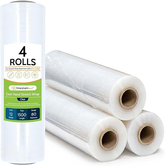 PSBM Cast Hand Stretch Wrap Plastic Shrink Film 12" x 1500' 80 GA 4 Rolls