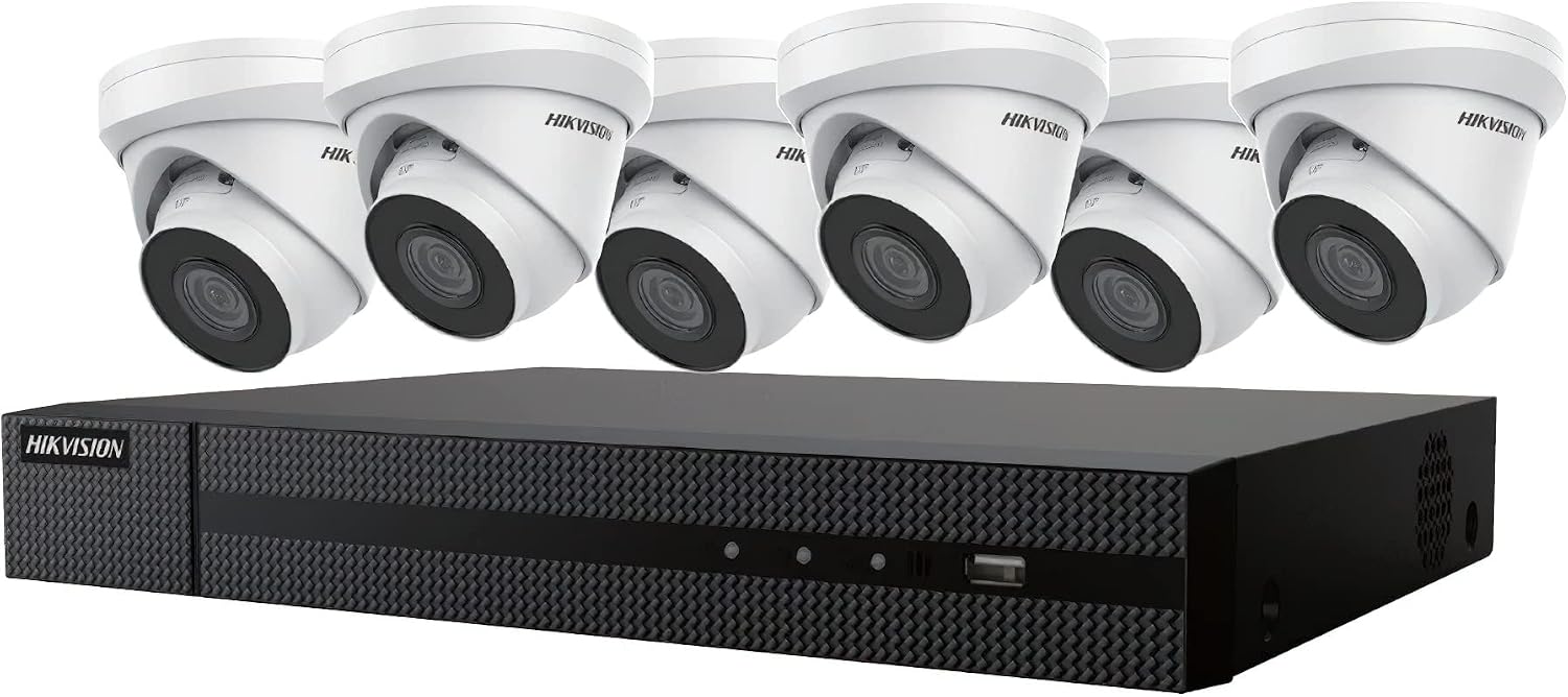 Hikvision EKI-K82T46 4K Value Express Kit; Includes: 1 ERI-K108-P8 NVR 8-Channel DVR  6 ECI-T24 4F2 13 4 MP Progressive Scan CMOS White Cameras