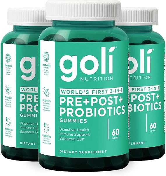 Goli Pre Pro Postbiotic Gummies - Worlds First 3-in-1 Formula with DE111 Probiotics, XOS Prebiotics, MCC1849 Postbiotics - Vegan, Non-GMO, Gluten-Free, 180 Count (3 Pack)