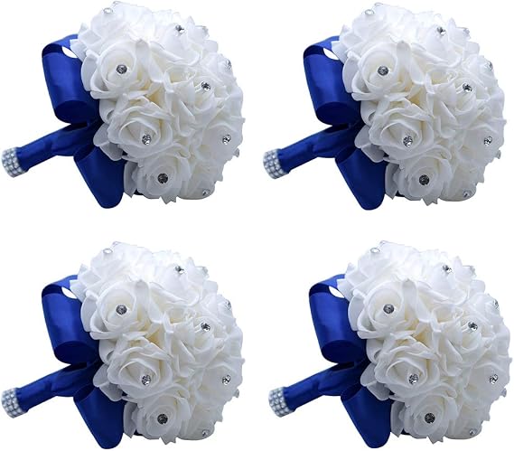MOJUN Wedding Bouquets Crystal PE Roses Bridal Bridesmaid Wedding Hand Holding Bouquet Artificial Fake Flowers Toss Bouquet, 4 Pack Sapphire