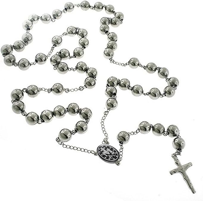 ToTeM Catholic Stainless Steel Rosary Beads 18" 24" or 28" Necklace with Crucifix and Medal