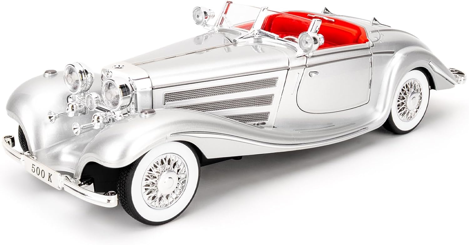 1/18 Compatible with 500K Model Car Toy，Alloy Pull Back Vehicle with Sounds and Lights for Kids Boys Girls and Adults, Birthday Gift（Silvery）