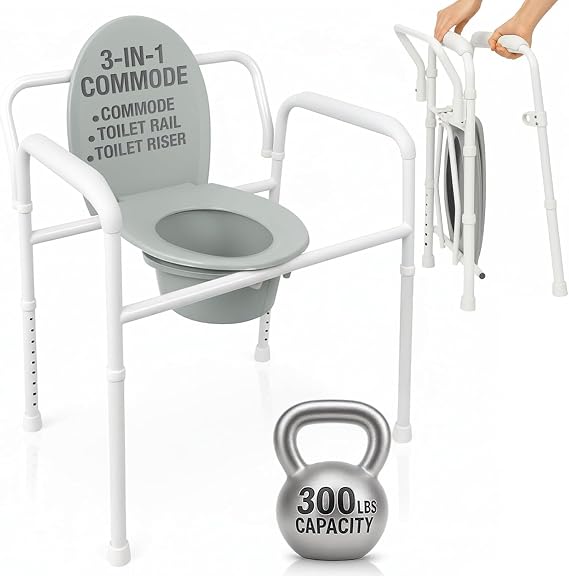 Vive Bedside Commode Toilet Chair (Folding) - 350 lb Capacity, Safety Rail, Shower Chair - 3 in 1 Heavy Duty Bariatric Bucket with Padded Arms, Tight Lid Portable Seat for Home - Steel