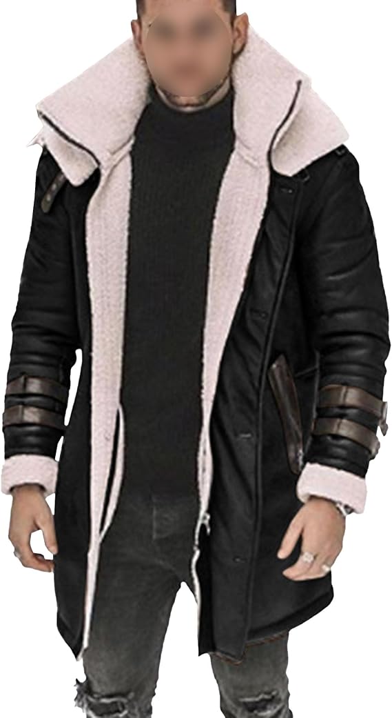 Maiyifu-GJ Mens Faux PU Leather Long Jacket Winter Warm Fur Collar Trench Coats Fleece Sherpa Lined Windbreaker Overcoat