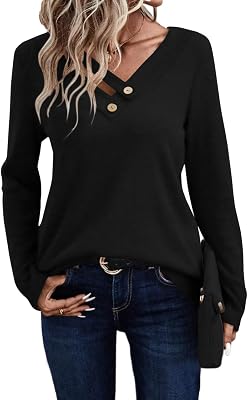 Womens Long Sleeve Shirts Dressy Casual V Neck Tops Basic Loose Blouses Tunic