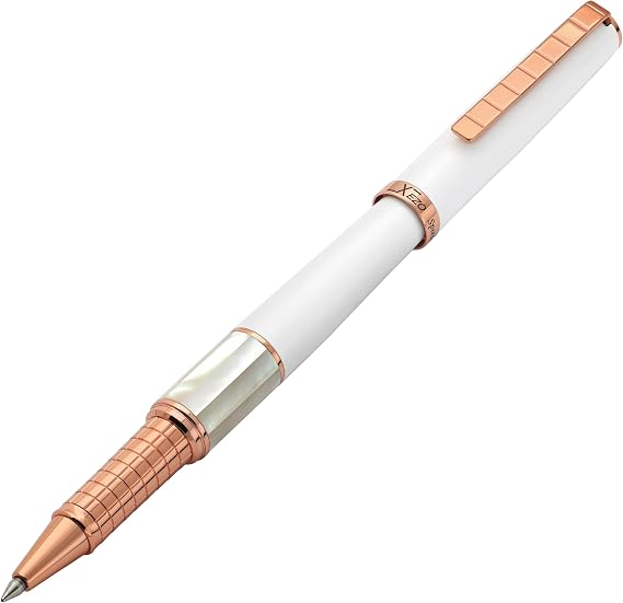 Xezo Speed Master Fine Rollerball Pen. Matte White with White Mother of Pearl. Rose Gold Plated. Sporty Lightweight Brass Body. Serialized. Each Unique
