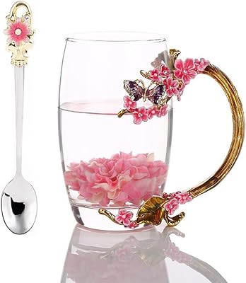 Creative Flower Glass Mug Crystal Tea Cup in Presentation Box- Purple Butterfly and Plum Blossom Pink, Big 350ml