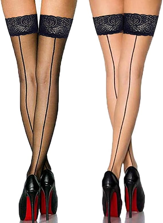 Vintage Nylon Lace Top Thigh High Stockings with Back Seam for Women Suspender Garter Belts-2 Pack