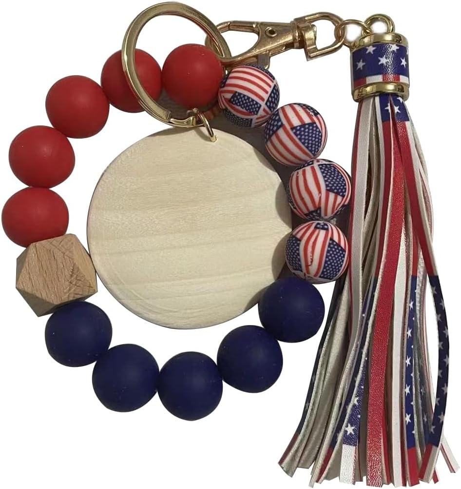 Silicone Bead Key Ring, Bracelet Keychain With Leather Tassel Elastic Wristlet Beaded Keychain For Women