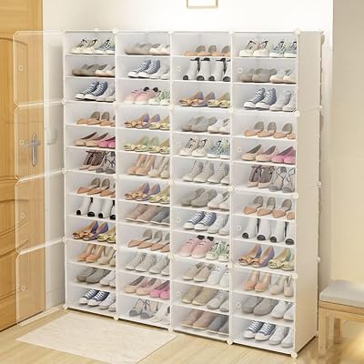 Shoe Rack Organizer, 4 x 12-Tiers Stackable 96 Pairs Shoe Storage Cabinets Stand, Dust-Proof Shoe Rack Shelf Foldable Clear Plastic Shoe Boxes