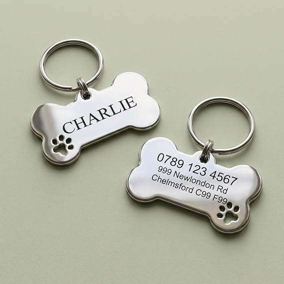 Personalised Stainless Steel Dog Tag with Engraving – Durable Metal Pet ID Tag, Scratch Resistant, Custom Name & Phone Number for Dogs and Cats (Silver - Bone, Large)