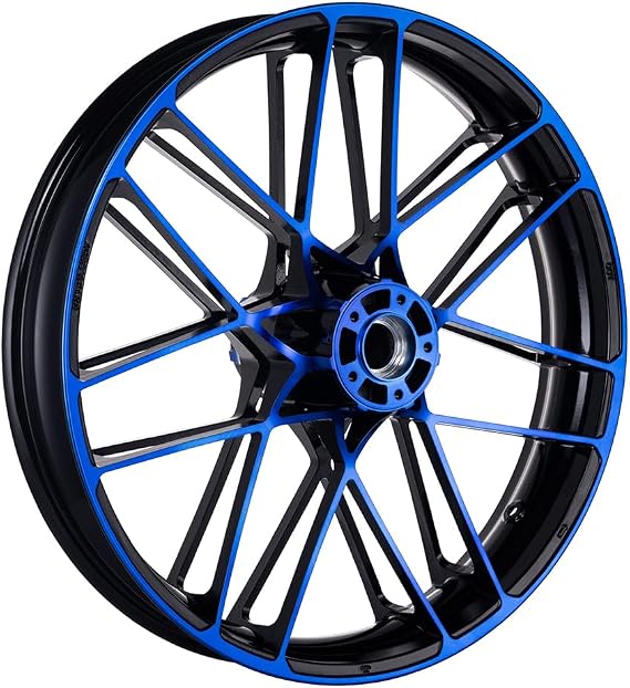 Motorcycle Front Wheel Sleek Double-Spoke Wheel, 21" x 3.5", 14 Spokes Each Side, 21 inch Front Wheel, Fits Select 2009-2023 Harley Touring Road Glide, Street Glide (Blue CNC Contrast)