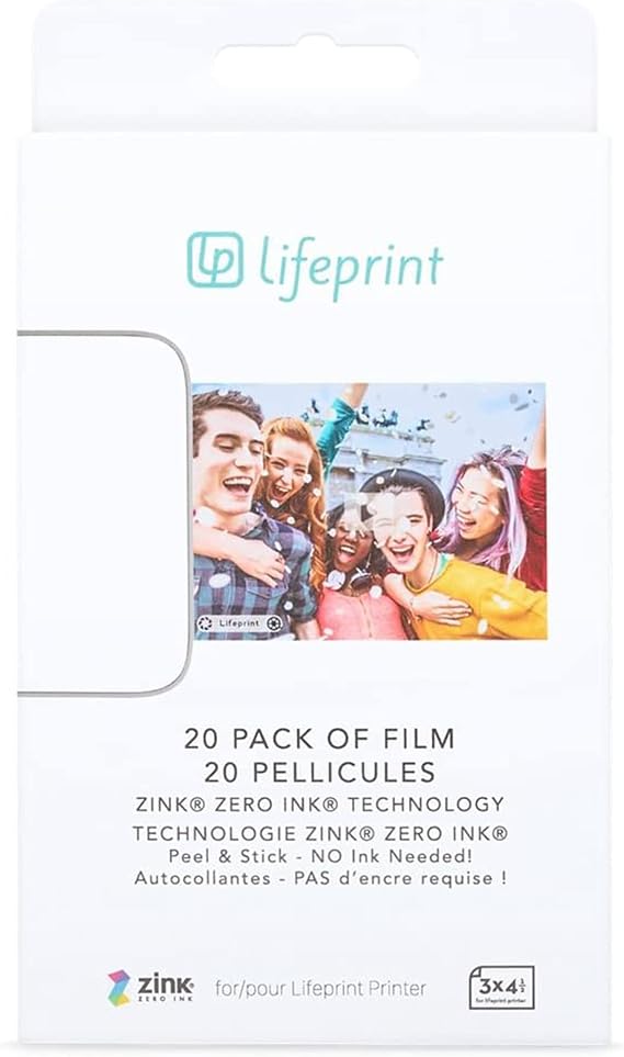 Lifeprint 20 pack of film for Lifeprint Augmented Reality Photo AND Video Printer. 3x4.5 Zero Ink sticky backed film