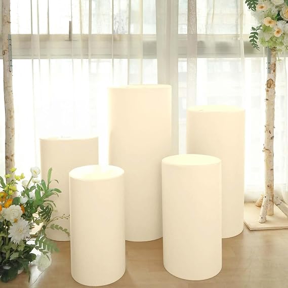 Efavormart Set of 5 | Beige Spandex Cylinder Plinth Display Box Stand Covers, Stretchable Pedestal Pillar Prop Covers - 160 GSM