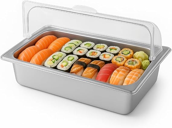 Ice Food Display Tray with Roll Top Cover | Stainless steel serving tray keeps sushi, seafood, and salad chilled for buffets, restaurants, hotels, parties, and events.