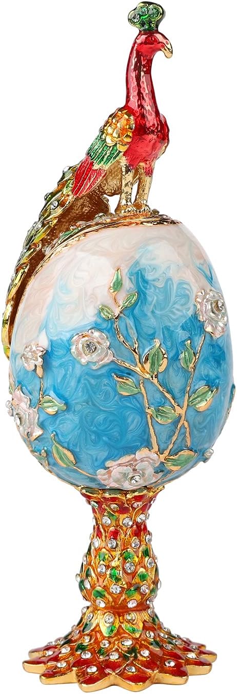 QIFU Vintage Blue Peacock Style Easter Egg Trinket Box Hinged, Unique Gift for Family(QF1486)