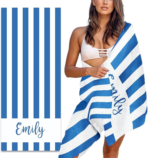 MeMoShe Personalized Beach Towel Graduated Gifts for Students Custom Microfiber Beach Towels with Name Sand Free Pool Towel Quick Dry Blanket Stripes Print Beach Towels for Adults 30x60 Inch-Blue