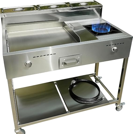 Burner Stove and Flat Top Griddle Cart | Mobile Cooking Food Cart | 20 Stainless Steel Griddle | 30,000 BTU Cast Iron Burner Stove | Outdoor Propane | Portable 4 Wheel | Commercial & Home Use