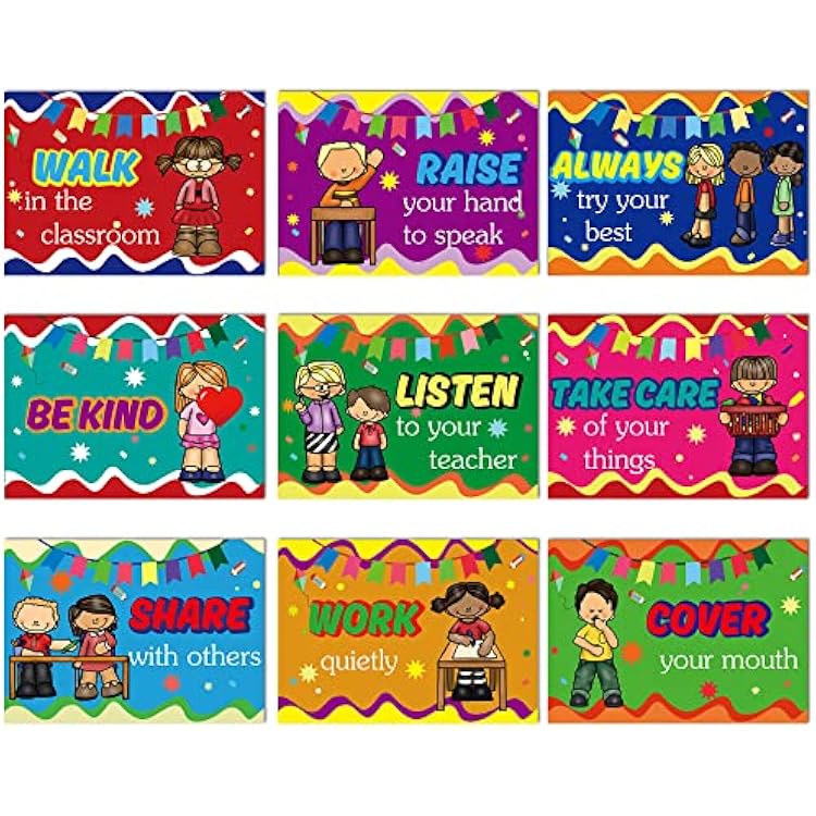 9 Classroom Rules Poster Preschool Classroom Expectations Posters for Preschool Elementary Middle High School Bulletin Board Decorations Set Banner Rules Signs for centers- Laminated, 11.8x8.5 In