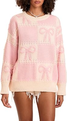 Bow Sweater for Women Oversized Long Sleeve Crew Neck Warmth Cable Knit Pullover Fashion Casual Loose Fit